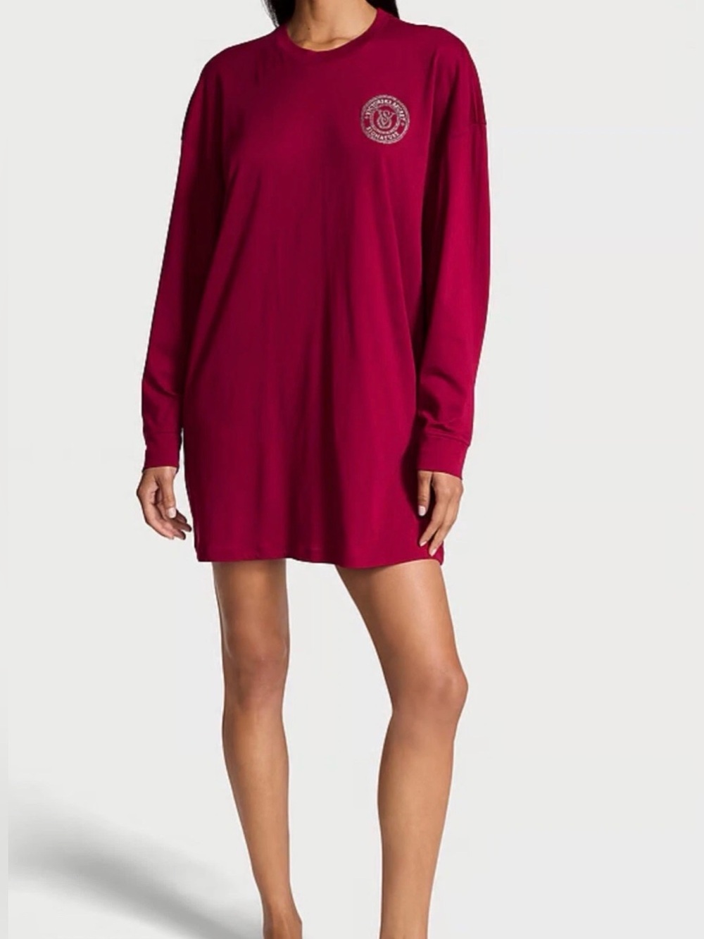 Victoria's Secret Soft Cotton Long Sleeve Bling Logo Sleepshirt Ruby Red M/L